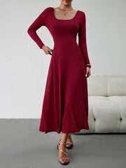 A-Line High Waisted Solid Color Tied Waist U-Neck Midi Dresses