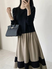 Pleated Split-Joint A-Line Long Sleeves Round-Neck Midi Dresses