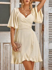 Flared Sleeves Half Sleeves Elasticity Ruffled Solid Color Split-Joint Tied Waist V-Neck Mini Dresses