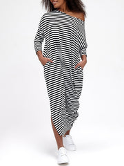 Batwing Sleeves Striped Round-Neck Maxi Dresses