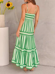 Pleated Split-Joint Striped Loose Sleeveless Spaghetti-Neck Maxi Dresses