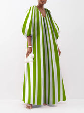 Puff Sleeves Three-Quarter Sleeves Striped V-Neck Maxi Dresses
