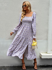 Bohemia Long Sleeves Floral Printed U-Neck Dress