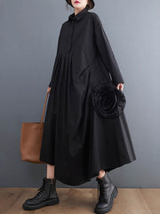 Urban Floral Applique Pleated Long Sleeves Shirt Dress Midi Dress