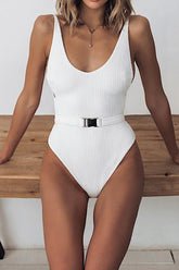 Solid Buckle One-Piece Swimsuit