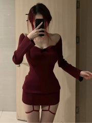 Red Square Collar Christmas Party Dresses Women Autumn Winter Basic Sexy Dress Bodycon Stretch Slim Mini Dress Cute for Girls
