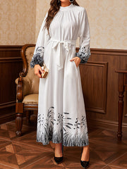 Hollow Pleated Printed Tied Waist Bishop Sleeve Long Sleeves Mock Neck Maxi Dresses