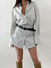 Flared Sleeves Long Sleeves Buttoned Striped Lapel Mini Dresses Shirt Dress