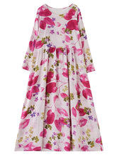 Flower Print Split-Joint Long Sleeves Loose Round-Neck Midi Dresses