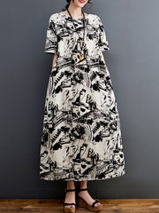 Abstract Printed Half Sleeves Loose Round-Neck Midi Dresses