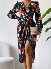 Elasticity Floral Printed Long Sleeves Loose V-Neck Shirt Dress Midi Dresses