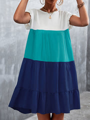 Contrast Color Falbala Pleated Split-Joint Loose Ruffle Sleeves Round-Neck Mini Dresses