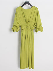 High Waisted Loose Belted Solid Color Boat Neck Midi Dresses