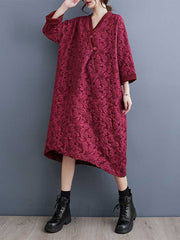 A-Line Half Sleeves Asymmetric Buttoned Jacquard V-Neck Midi Dresses