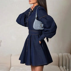 Elegant Lace-Up Blue Denim Mini Dress For Women High Waist Bandage Splice Jean Streetwear Female Slim Casual Dress AutumnChristmas Gifts