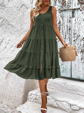 Buttoned Solid Color Tiered Loose Sleeveless Round-neck Midi Dresses