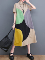 Loose Oversize Color-Block Contrast Color Split-Joint Lapel Midi Dresses Shirt Dress