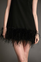 Black Sleeveless Mock Neck Feather-Trimmed Mini Dress