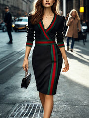 Long Sleeves Striped Deep V-Neck Mini Dresses