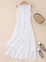 A-Line Loose Double Layered Solid Color Tied Waist Round-Neck Midi Dresses