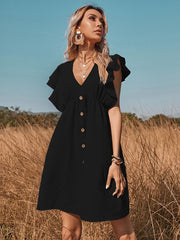 Vacation Buckle Solid Color V-Neck Mini Dress