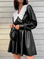 Elasticity Pleated Split-Joint Loose Puff Sleeves Peter Pan Collar Mini Dresses