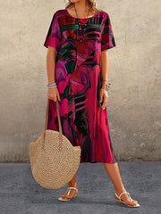 Printed A-Line Loose Round-Neck Midi Dresses