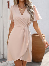 A-Line Short Sleeves Pleated Solid Color Split-Joint Zipper V-Neck Mini Dresses