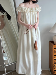 Elasticity Pleated Solid Color Split-Joint Loose Sleeveless Off-The-Shoulder Maxi Dresses