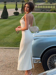 Halter V Neck Backless Split Dress Women's Fashion Bodycon Sleeveless Sexy Long Dress Autumn New Slinky Waist Vest DressChristmas Gifts