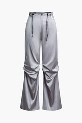 Satin Drawstring Ruched High Waist Wide Leg Pants