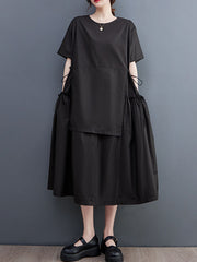 Solid Color Split-Joint Loose Short Sleeves Round-neck Midi Dresses