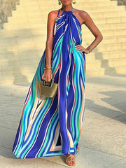 Multicolor Stripled Sleeveless Halter Neck A-Line Bohemia Maxi Dresses