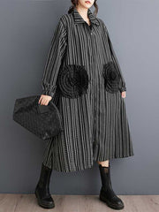 Elasticity Pockets Striped Zipper A-Line Long Sleeves Lapel Midi Dresses