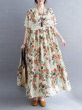 Floral Printed Loose Short Sleeves Round-neck Midi Dresses