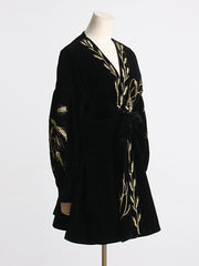 Embroidered Tied Waist Loose Puff Sleeves V-Neck Mini Dresses