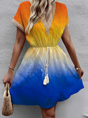 A-Line Loose Elasticity Gradient Hollow Split-Joint Tasseled Tied Waist V-Neck Mini Dresses