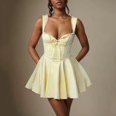 Plunge Lace Up Sexy Mini Dress Women's Sleeveless Fashion Retro Splice Folds Slim Black Party Evening Dress Female SummerChristmas Gifts