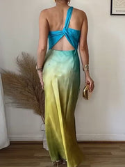 Gradient Color-Block Sleeveless Asymmetric Satin Maxi Dresses