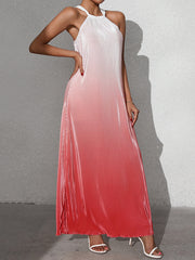 A-Line Loose Gradient Pleated Halter-Neck Maxi Dresses
