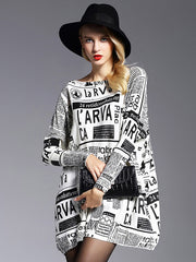 Vintage Loose One-Shoulder Newspaper Printed Split-Joint Sweater