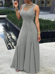 Plus Size Sleeveless Solid Color Split-Joint U-Neck Maxi Dresses