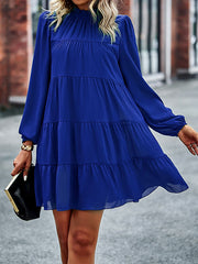 Elasticity Pleated Solid Color Split-Joint Tied A-Line Bishop Sleeve Mock Neck Mini Dresses