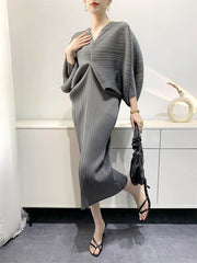 Original Creation Loose Batwing Sleeves Pleated Solid Color V-Neck Midi Dresses