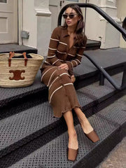 Elegant Slim Striped Knit Long Dress Women's Lapel Retro Block Color Long Sleeve Button Sweater Dress Club Party DressChristmas Gifts