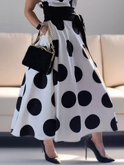 A-Line Sleeveless Polka-Dot Split-Joint Tied Waist Lapel Maxi Dresses Shirt Dress
