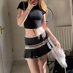 Lace Splice Mini Skirts For Women Bow Bandage Fashion Folds Skirt Hot Girls Winter Casual Lace-up High Waist Skirt LadiesChristmas Gifts