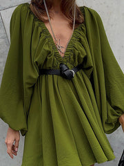 Long Sleeves Loose Elasticity Solid Color V-back Deep V-Neck Mini Dresses