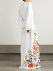 Long Sleeves Loose Elasticity Flower Print Round-Neck Maxi Dresses