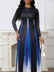Gradient Pockets Printed Split-Joint A-Line High Waisted Round-Neck Maxi Dresses